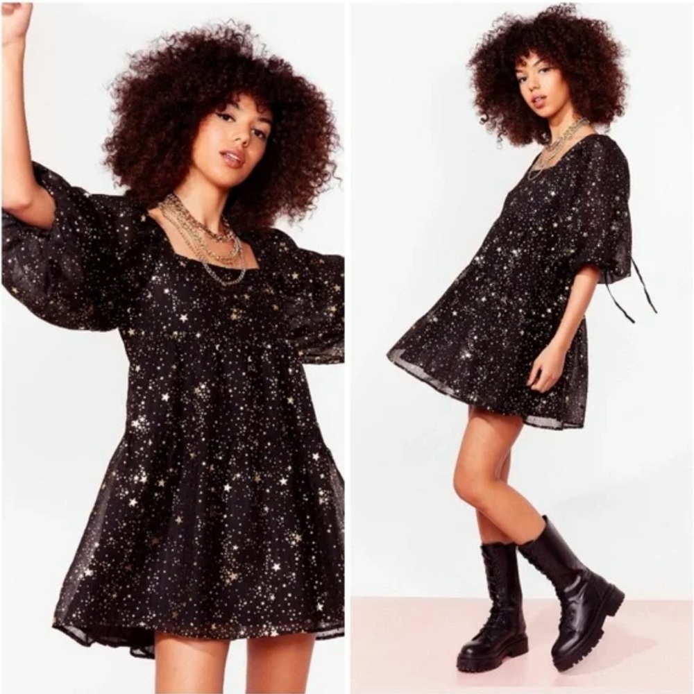 Nasty Gal US 8 UK 12 Black Dress with Gold Star Pattern Medium / Large